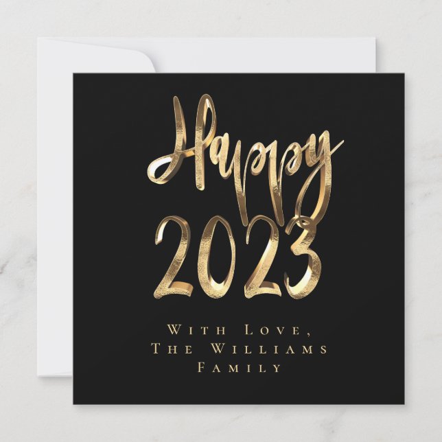 Happy New Year 2023 Elegant Black and Gold Script Holiday Card (Front)