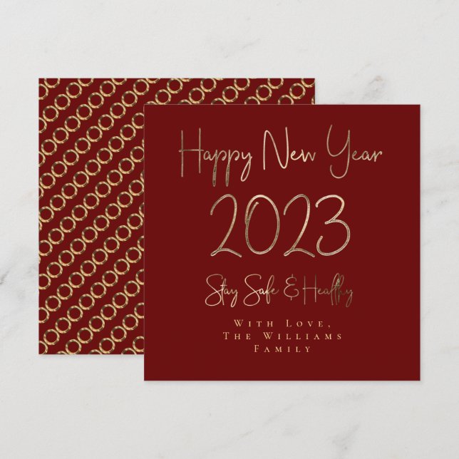 Happy New Year 2023 Elegant Red and Gold Script Holiday Card (Front/Back)