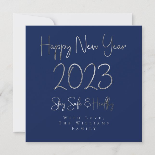 Happy New Year 2023 Elegant Silver Script Blue Holiday Card (Front)