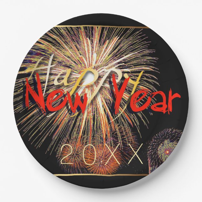 Happy New Year 2023 Fireworks in red Paper Plate (Front)