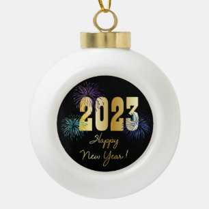 Happy New Year 2023 Gold Glitter Fireworks   Ceramic Ball Christmas Ornament