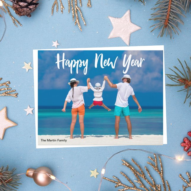 Happy New Year 2023 Modern White Script Over Photo Postcard (Creator Uploaded)