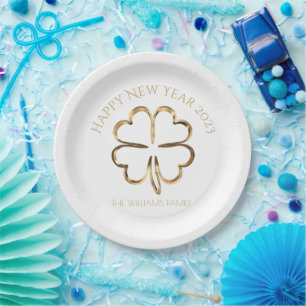 Happy New Year 2023 or Your Text Four Leaf Clover Paper Plate