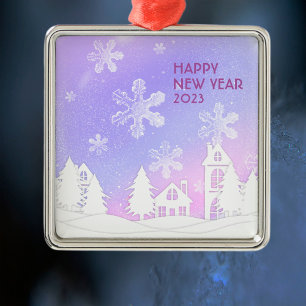 Happy New Year 2023 Purple White Snow House  Metal Ornament
