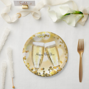 Happy New Year 2024 Champagne Glasses Sparkle Paper Plate