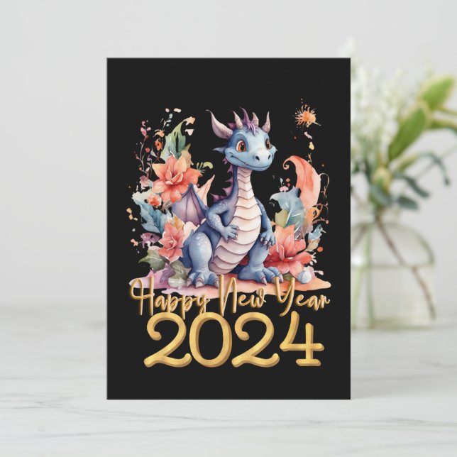 Happy New Year 2024 Chinese Dragon Black Holiday Card (Standing Front)