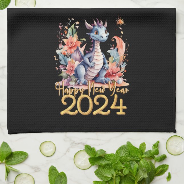 Happy New Year 2024 Chinese Dragon Water Colour Kitchen Towel (Folded)