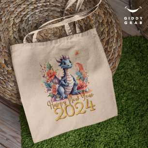 Happy New Year 2024 Chinese Dragon Water Colour Tote Bag