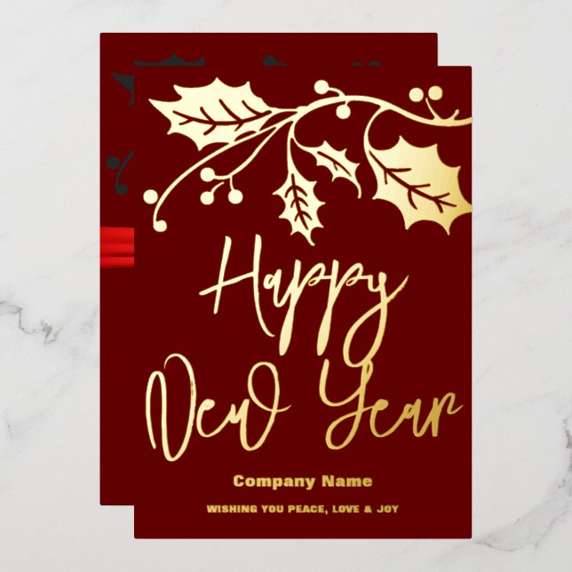 Happy New Year 2024 company, red ribbon Foil Holiday Card (Front/Back)