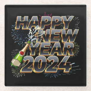 Happy New Year 2024 Elegant New Year's Eve Party Glass Coaster