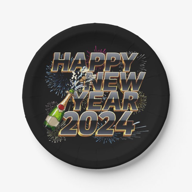 Happy New Year 2024 Elegant New Year's Eve Party Paper Plate (Front)