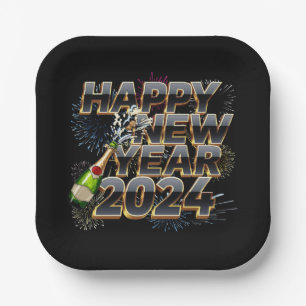 Happy New Year 2024 Elegant New Year's Eve Party Paper Plate