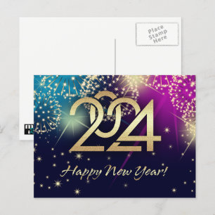 Happy New Year 2024. Fireworks Holiday Postcard