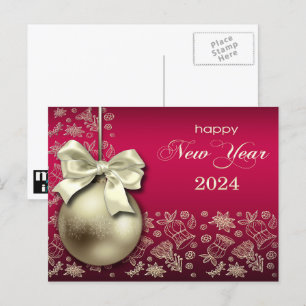 Happy New Year 2024. Gold Christmas Bauble Holiday Postcard