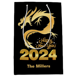 Happy New Year 2024 Golden Chinese Dragon Black Medium Gift Bag