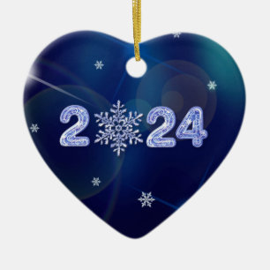Happy New Year 2024. Ice Numbers and Snowflake Ceramic Ornament