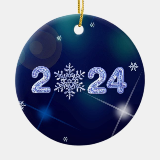 Happy New Year 2024 Ice Numbers and Snowflake  Ceramic Ornament (Front)