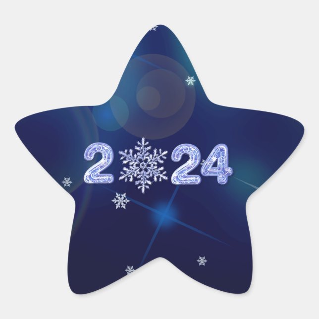 Happy New Year 2024. Ice Numbers & Snowflake Star Sticker (Front)