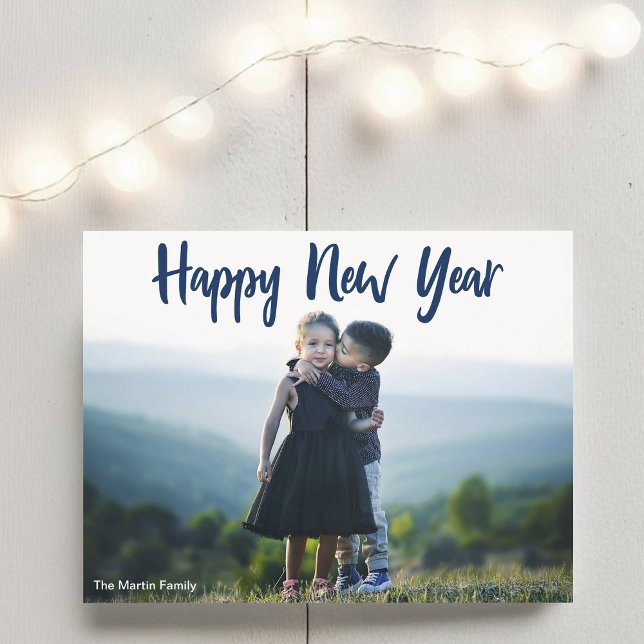 Happy New Year 2024 Modern Blue Typography Photo Postcard (Creator Uploaded)