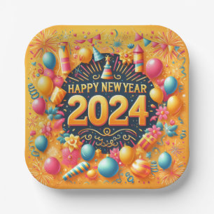 Happy New Year 2024 Paper Plate