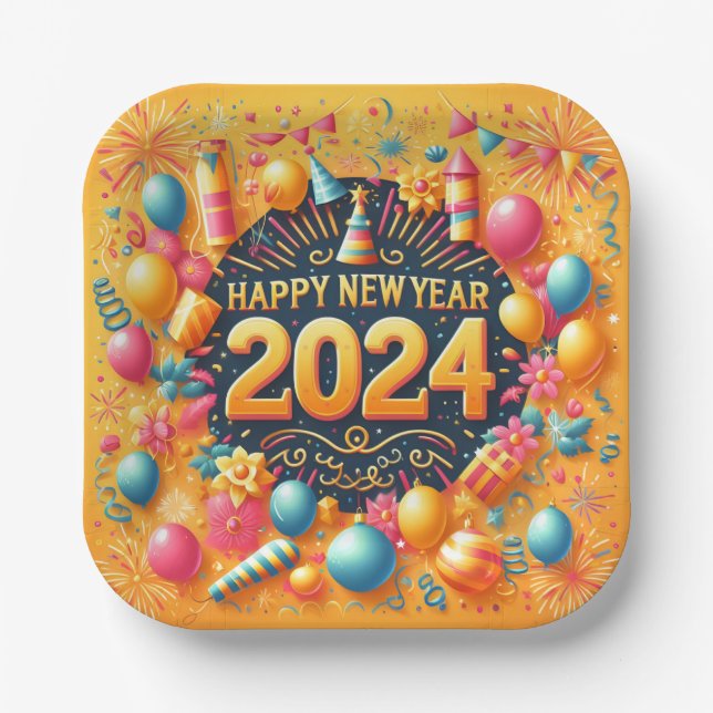 Happy New Year 2024 Paper Plate (Front)