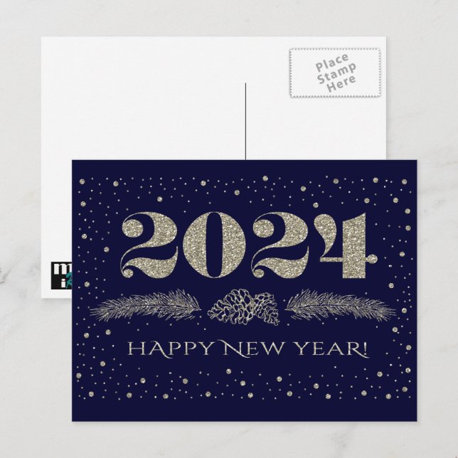 Happy New Year 2024. Pine Branches Holiday Postcard (Front/Back)