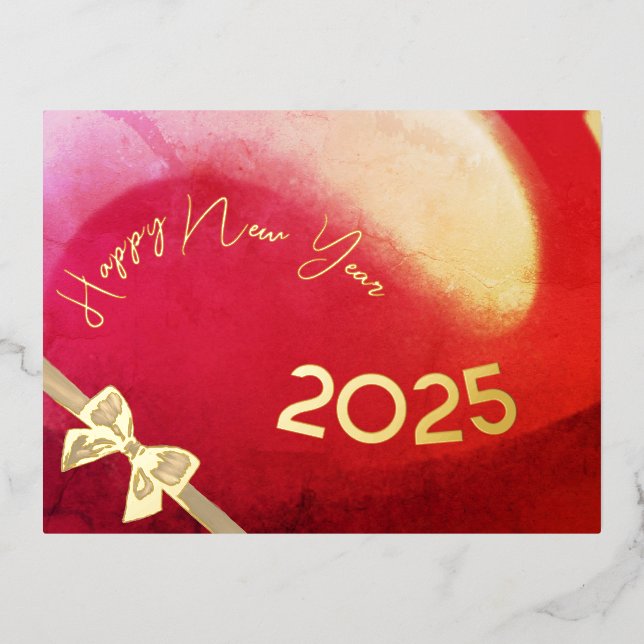 Happy New year 2024, red and gold wave Foil Holiday Postcard (Front)