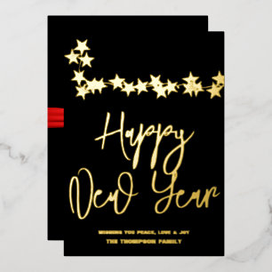 Happy New Year 2024, red ribbon Foil Holiday Card