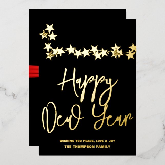 Happy New Year 2024, red ribbon Foil Holiday Card (Front/Back)