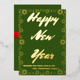 Happy New Year 2024 Retro Green Ribbon Foil Holiday Card
