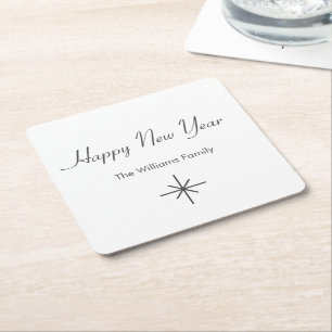 Happy New Year 2024 Retro Snowflake  Square Paper Coaster