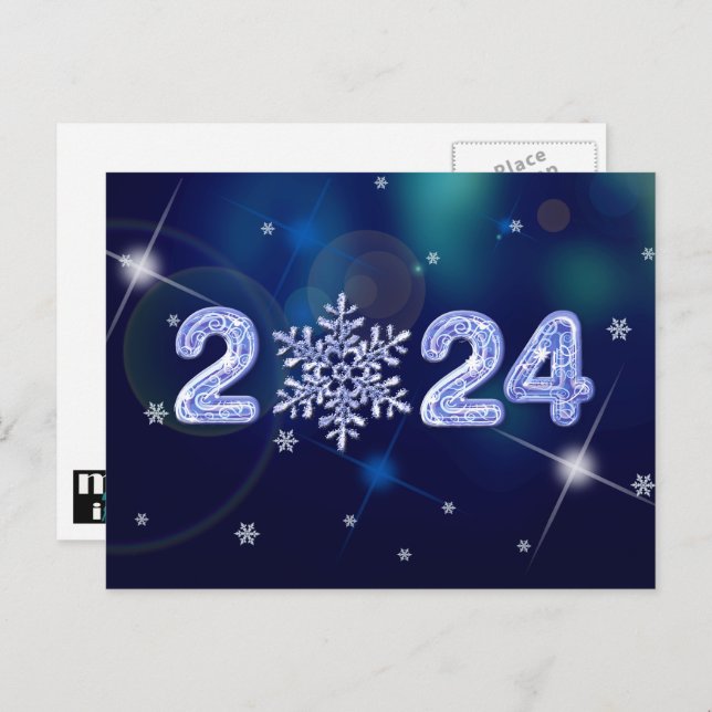 Happy New Year 2024. Snowflake and Ice Numbers Holiday Postcard (Front/Back)