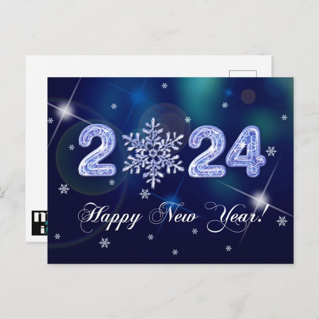 Happy New Year 2024. Snowflake and Ice Numbers Postcard (Front/Back)