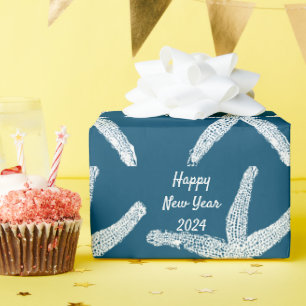 Happy New Year 2024 Starfish Ocean Blue Trendy Wrapping Paper