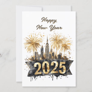 Happy New Year 2025 Black and Gold, Fireworks, Holiday Card