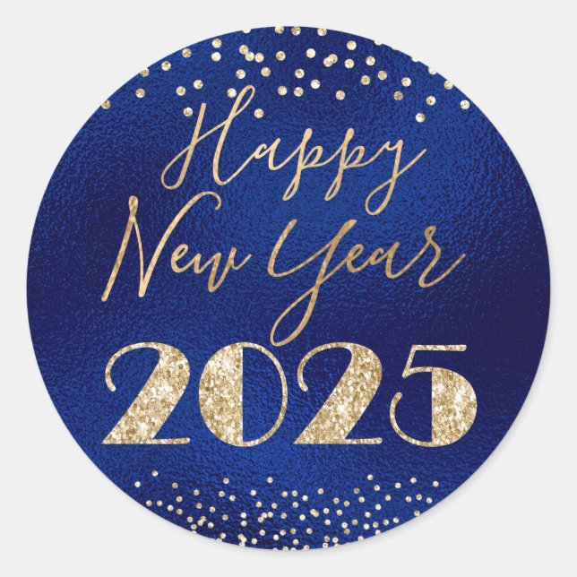 Happy New Year 2025 Blue and Gold Glitter Diamonds Classic Round Sticker (Front)