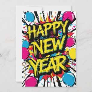 Happy New Year 2025 Colourful Bursting Pop Art  Holiday Card