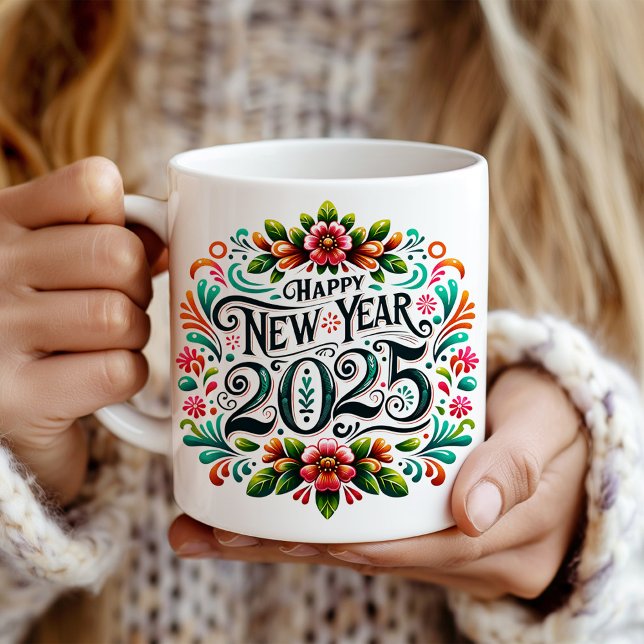 "Happy New Year 2025" Colourful Mexican Fiesta  Coffee Mug ("Happy New Year 2025" Colorful Mexican Fiesta Coffee Mug in hands.)