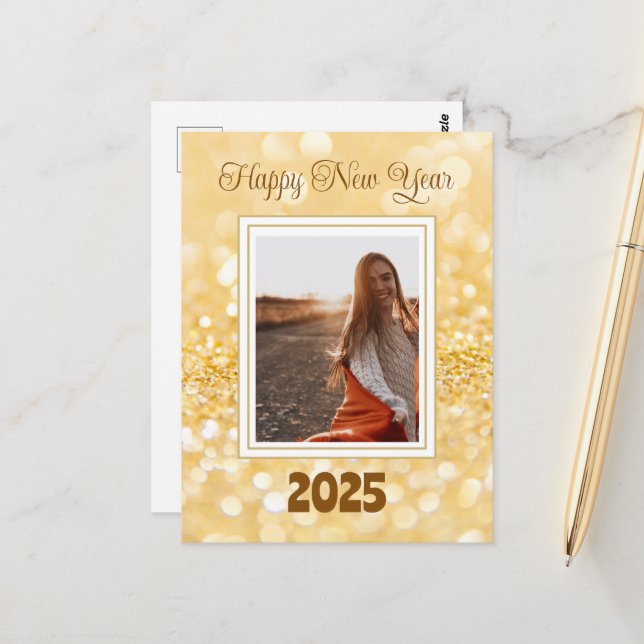 Happy New Year 2025 Elegant Gold Glitter Postcard (Front/Back In Situ)