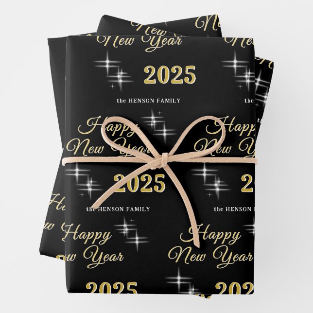 Happy New Year 2025 Elegant Sparkles Wrapping Paper Sheet (In situ)