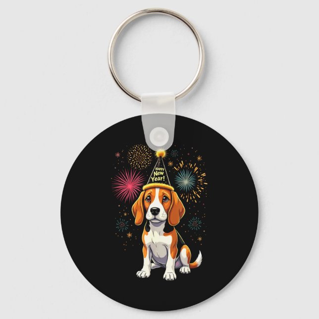 Happy New Year 2025 Eve Firework Dog Funny Beagle  Keychain (Front)
