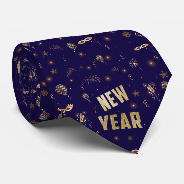 Happy New Year 2025, Festive Glitter Gold Holiday Tie (Rolled)