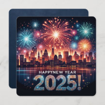 Happy New Year 2025 Fireworks Cityscape Greeting C
