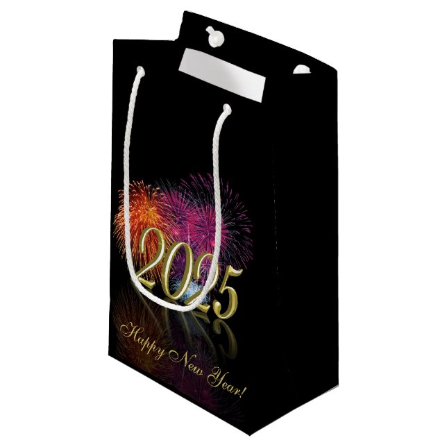 Happy New Year 2025 Fireworks Gold Small Gift Bag (Front Angled)