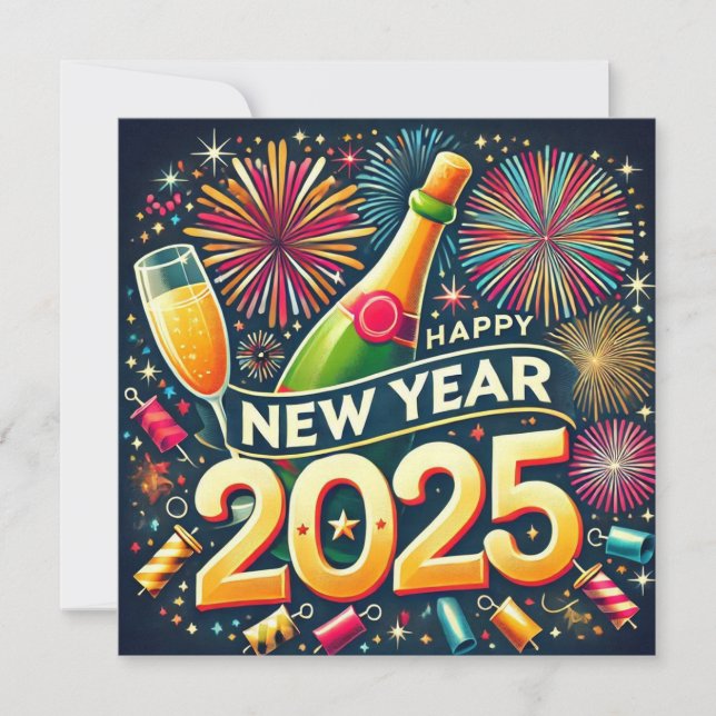 Happy New Year 2025 Fireworks People Cheers Holiday Card (Front)