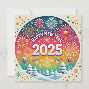 Happy New Year 2025 Fireworks People Cheers Holiday Card