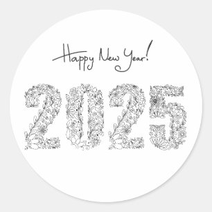 Happy New Year 2025 Floral Classic Round Sticker