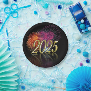 Happy New Year 2025 Gold Fireworks Paper Plate