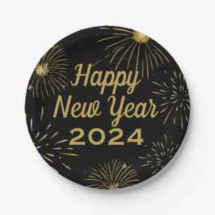 Happy New Year 2025 Party Black Gold Paper Plate