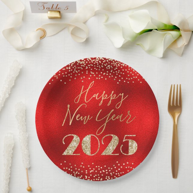 Happy New Year 2025 Red and Gold Glitter Diamonds Paper Plate (Wedding)